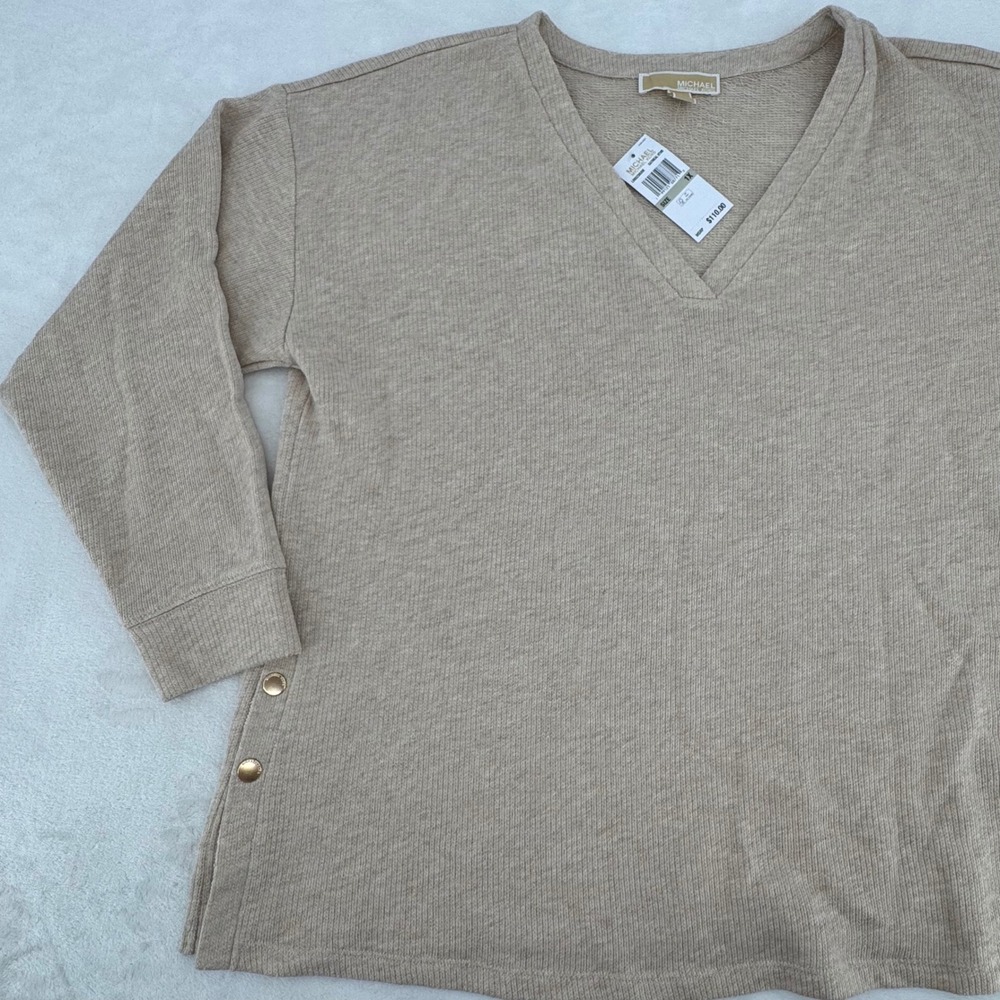 NEW Michael Kors Oatmeal Heather V-Neck Tunic Length Top Womans Plus Size 1X MK - Picture 2 of 6